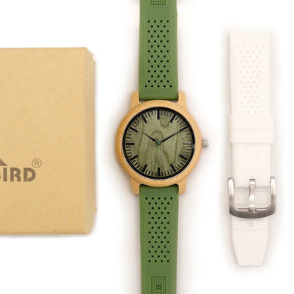 BOBO BIRD Montre en bois de bambou pour homme, montre à quartz avec bracelet en silicone vert, bracelet supplémentaire, cadeau pour homme avec boîte relogio masculino W-B06