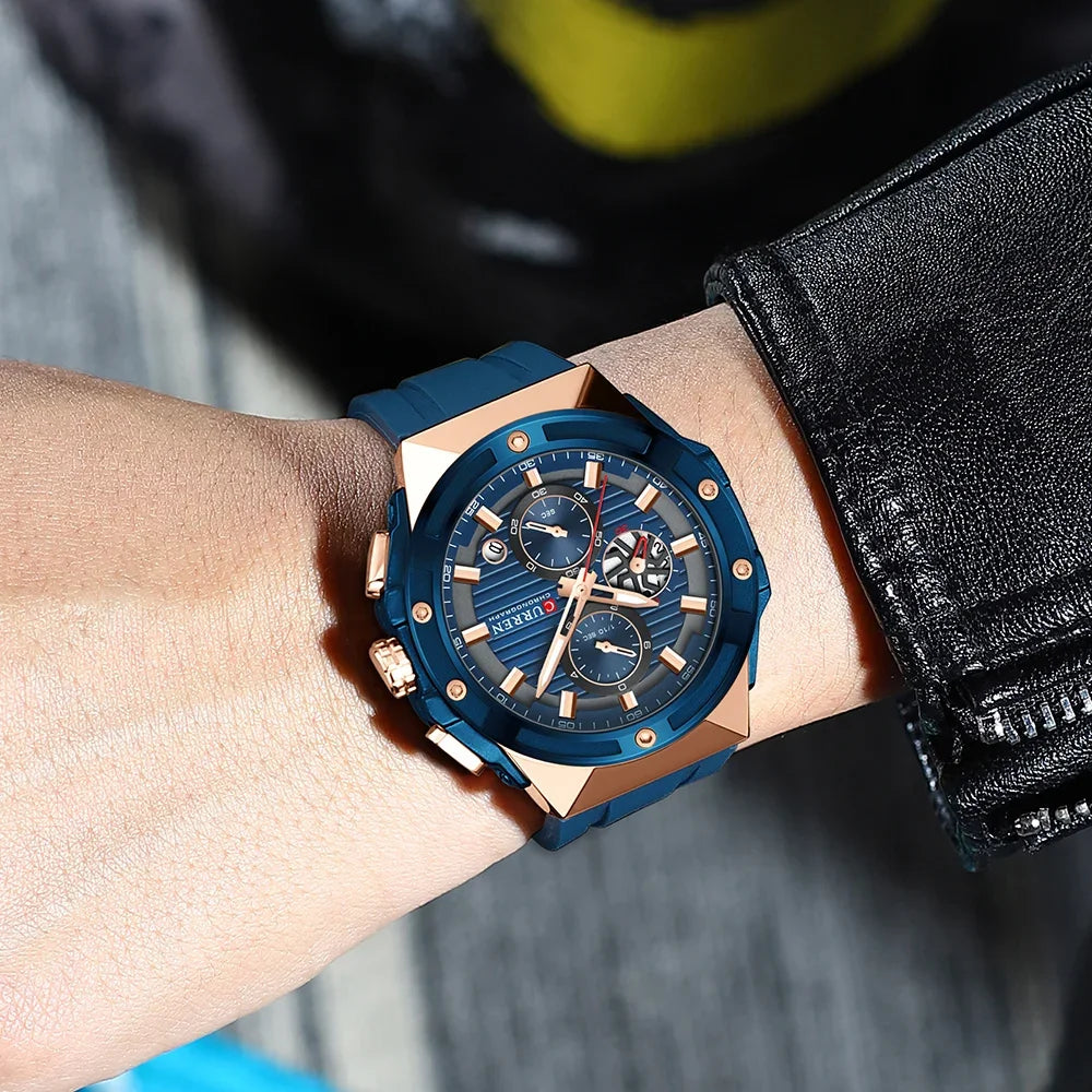 CURREN Montre à quartz multifonctionnelle de sport à la mode avec bracelet en silicone Cadran au design créatif Aiguilles lumineuses