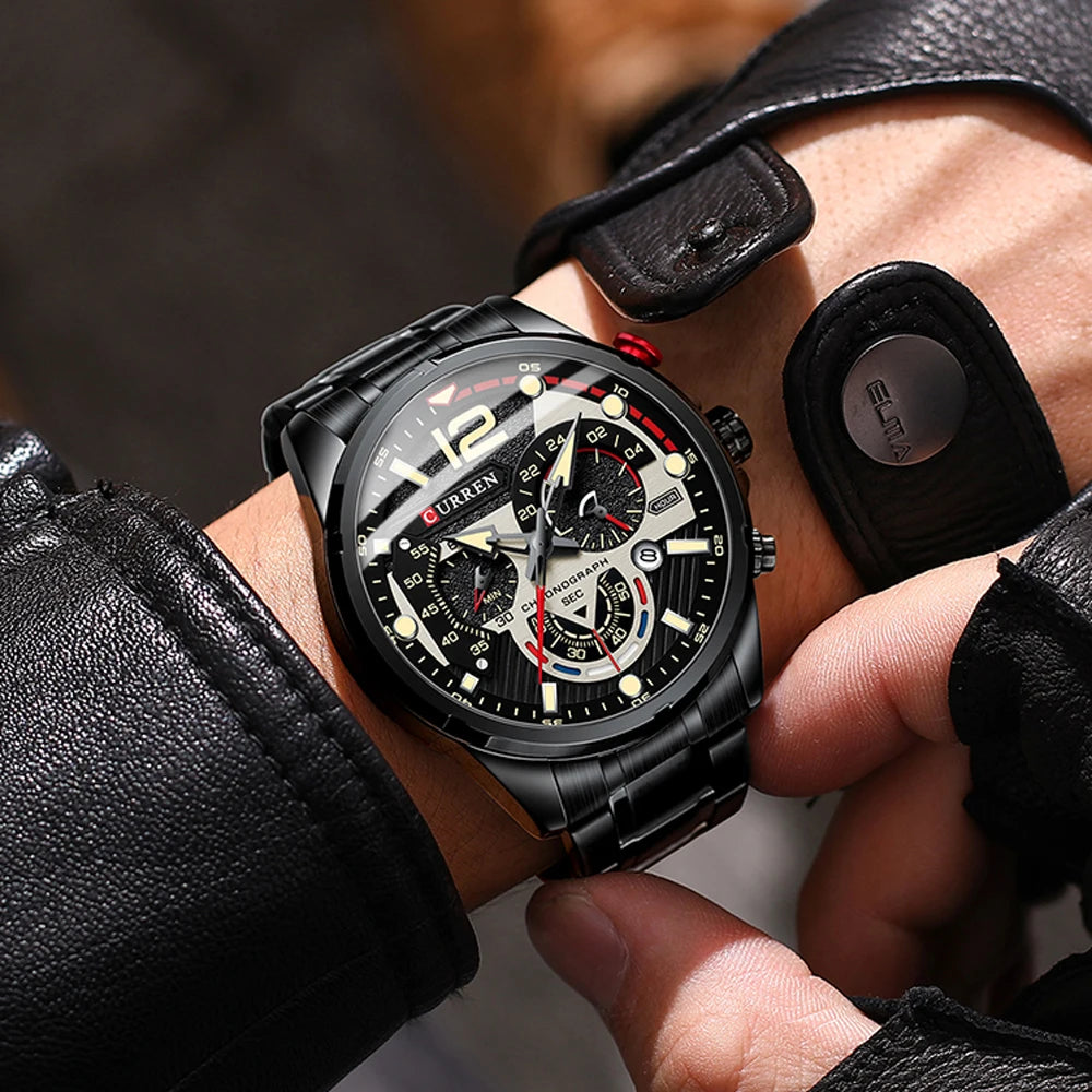 CURREN Montre à quartz mode homme, décontractée, sport, avec cadran chronographe en acier inoxydable et aiguilles lumineuses