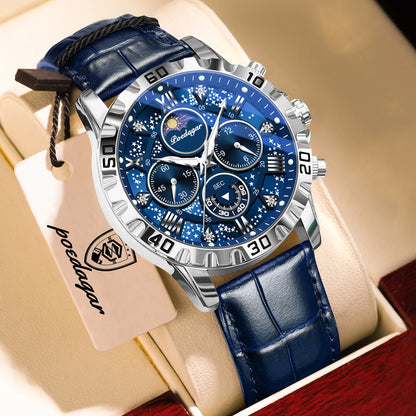 POEDAGAR Montre-bracelet de luxe multifonctionnelle pour homme Étanche Lumineuse Chronographe Montres de sport en cuir pour homme Montre à quartz pour homme
