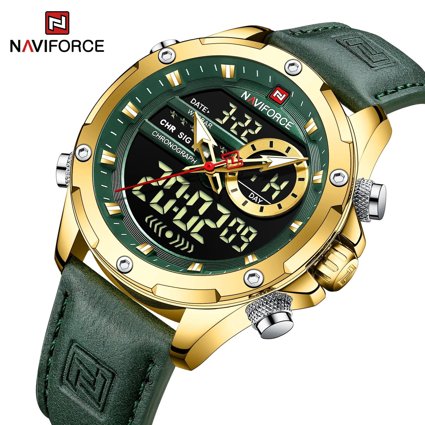 Naviforce Montres Originales pour Hommes 2025 Montre-Bracelet de Luxe Sportive Étanche à Bracelet Corium pour Hommes avec Calendrier Double Affichage