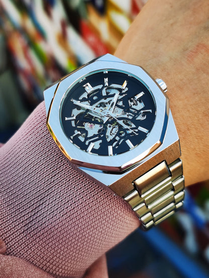 Forsining Montres mécaniques classiques Aiguilles lumineuses Squelette irrégulier Montre automatique d'affaires pour hommes Bracelet en acier inoxydable
