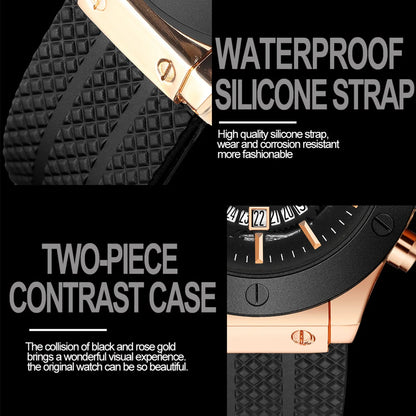 Montre Sport Homme en Silicone Noir, Grand Cadran Creux de 46 mm, Style Militaire Tendance Or Rose, Mouvement à Quartz Original