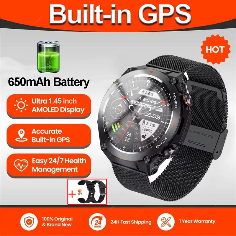 2026 New Military Outdoor Sports Smart Watch Men P68 Waterproof Built-in GPS Compass 650mAh Battery Bluetooth Call Smar twatch