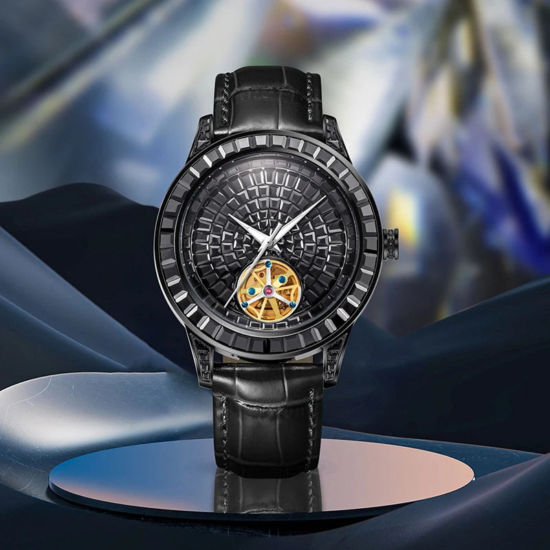 HAEMMER tourbillon mechanical watch with diamond-style dial and leather strap