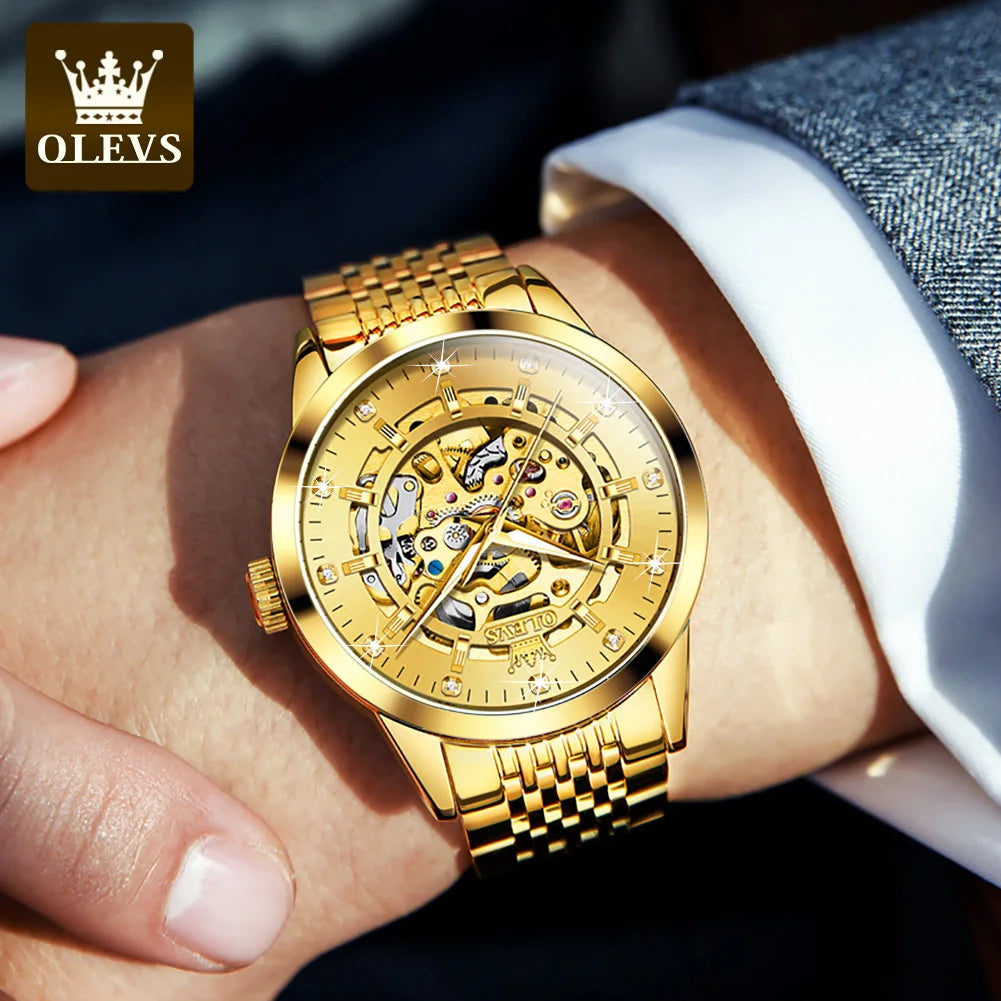 Montres OLEVS 9920 pour hommes, en acier inoxydable massif, étanches, lumineuses, de luxe, à mouvement automatique mécanique original et creux.