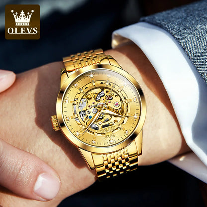 Montres OLEVS 9920 pour hommes, en acier inoxydable massif, étanches, lumineuses, de luxe, à mouvement automatique mécanique original et creux.