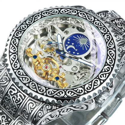 Montre Mécanique Squelette de Luxe Forsining Or Phase de Lune Rétro Gravée Lumineuse Tourbillon Automatique pour Homme Bracelet en Acier