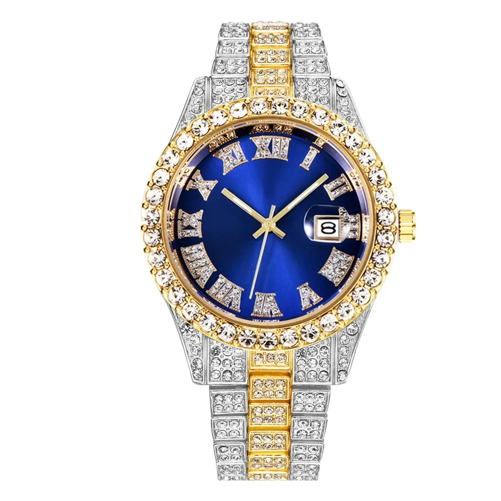 Montre à Quartz de Luxe Entièrement Diamantée pour Homme, Montre-Bracelet à Quartz Masculine Tendance avec Calendrier et Bracelet en Acier Inoxydable, Horloge de Date Reloj Hombre
