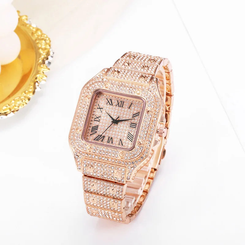 Montres pour hommes, cadran carré, ciel étoilé, ceinture en acier, incrustation de diamant, style européen américain, chiffres romains, montres-bracelets à quartz, cadeau