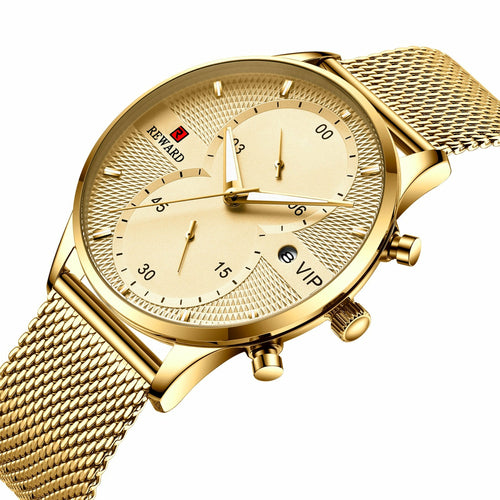 Business Calendar Watch with Spiral Crown and Stainless Steel Strap