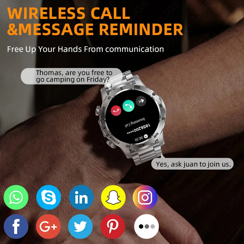New 2026 Outdoor 800mAh Large Battery Smart Watch Men LED Flashlight Bluetooth Call Compass Sports Fitness Waterproof Smarwatch