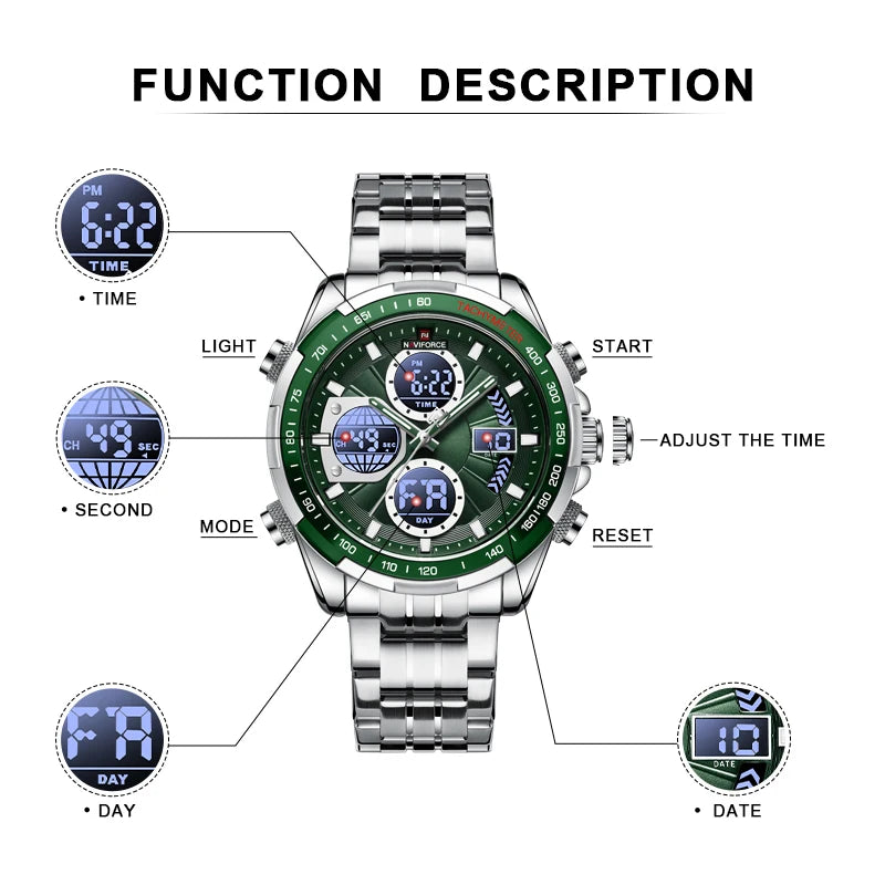NAVIFORCE Montre-bracelet de sport décontractée pour homme en acier inoxydable étanche lumineuse à double affichage à quartz Horloge Homme Reloj Hombre
