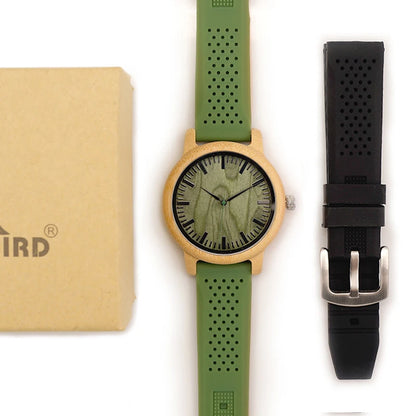 BOBO BIRD Montre en bois de bambou pour homme, montre à quartz avec bracelet en silicone vert, bracelet supplémentaire, cadeau pour homme avec boîte relogio masculino W-B06