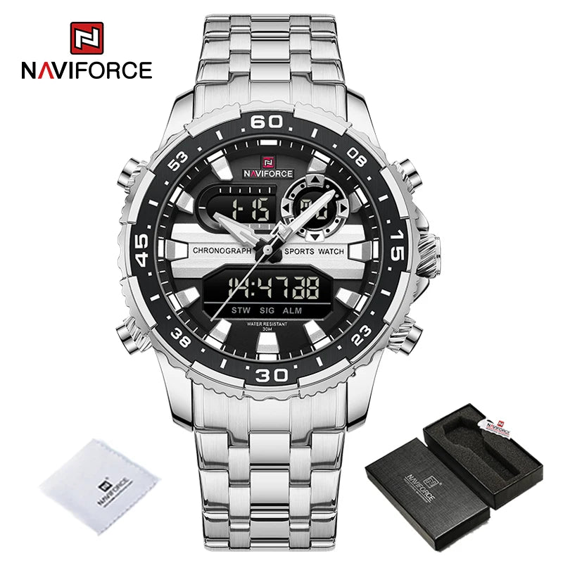 Montres Homme NAVIFORCE Original Tendance Marque LCD Affichage Analogique Numérique Quartz Homme Horloge 30m Étanche Lumineuse Montre-Bracelet Homme