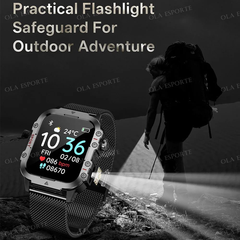 2026 Military Outdoor Smart Watch Men's GPS Flashlight Bluetooth Call 2.01" AMOLED Screen 3ATM Waterproof Sports Smartwatch Hw12