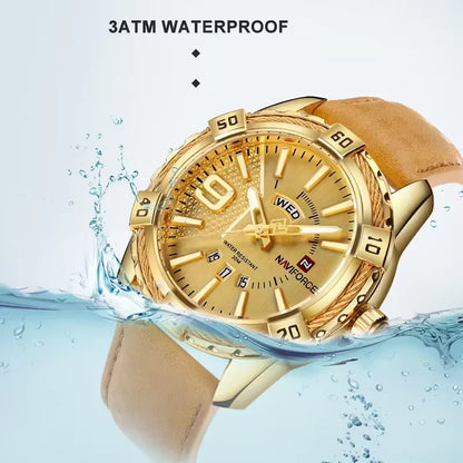 NAVIFORCE Montre Homme Tendance Or Luxe Sport Étanche Militaire Montre-bracelet Affaires Décontracté Bracelet en Cuir Date Horloge 9117