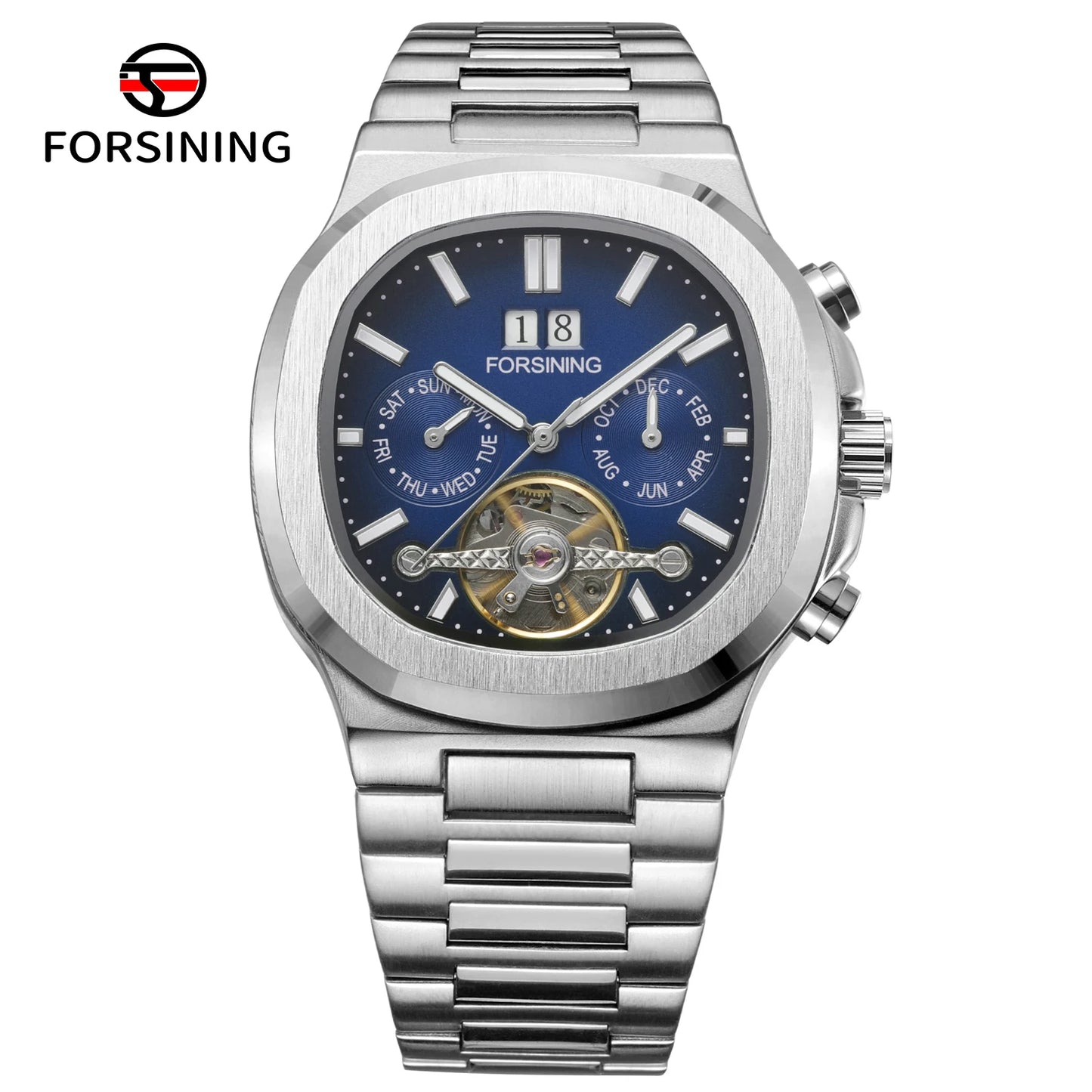 Forsining 481 Homme Nouvelle Montre Tourbillon de Marque, Date de la Semaine, Mouvement Automatique, Montres Mécaniques en Acier Inoxydable, Horloge Étanche