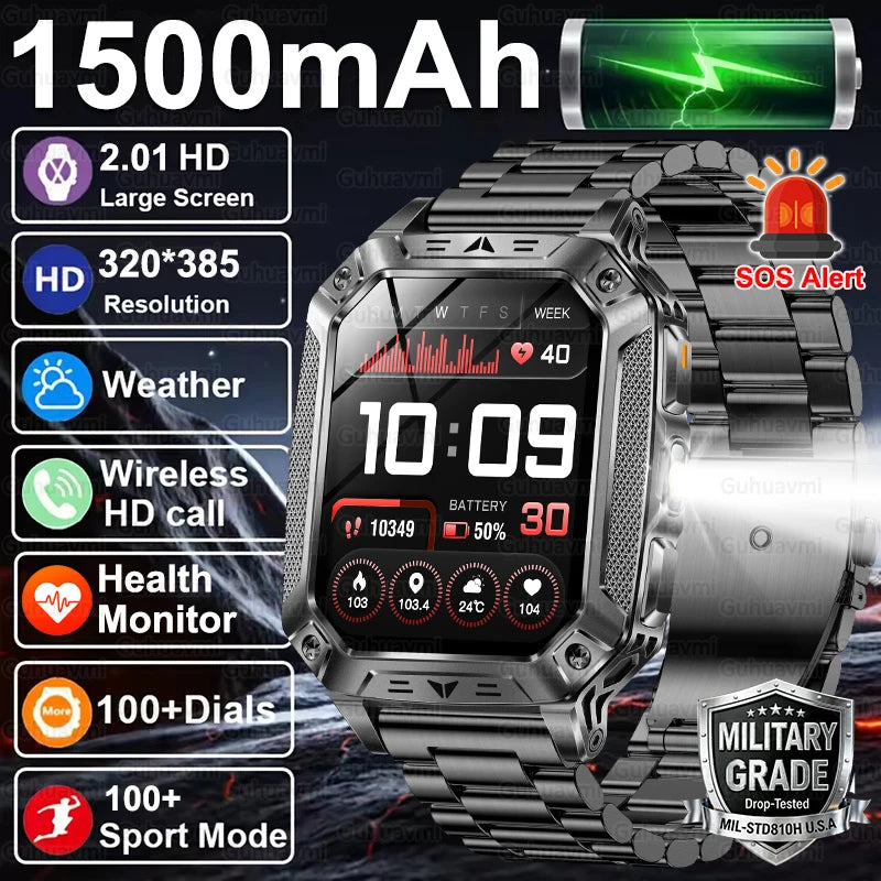 Montre Intelligente Militaire Homme 1500mAh Longue Autonomie Sport Extérieur Montre Connectée Homme Étanche 10ATM Fréquence Cardiaque Appel BT Grande Batterie