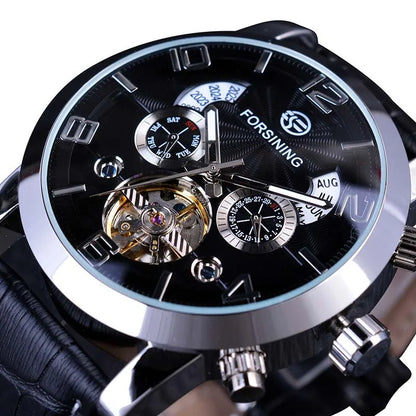 Montre mécanique automatique Forsining Tourbillon Fashion Wave noire et dorée multifonction pour homme, marque de luxe de qualité supérieure