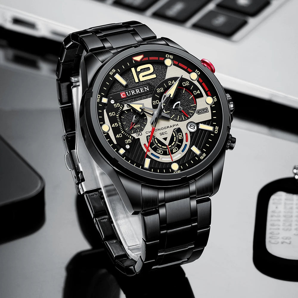 CURREN Montre à quartz mode homme, décontractée, sport, avec cadran chronographe en acier inoxydable et aiguilles lumineuses