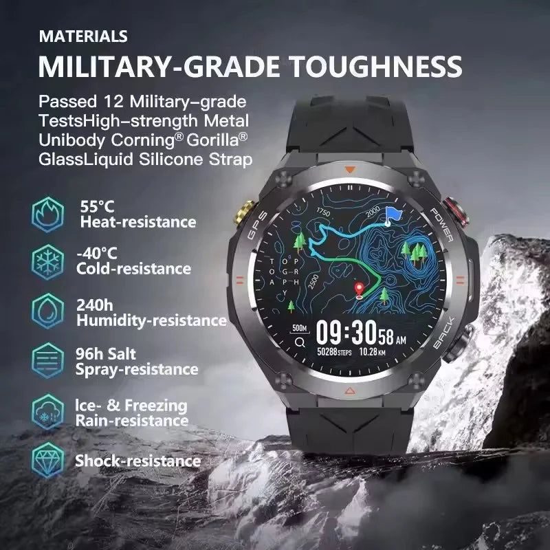 2026 New Military Outdoor Sports Smart Watch Men P68 Waterproof Built-in GPS Compass 650mAh Battery Bluetooth Call Smar twatch