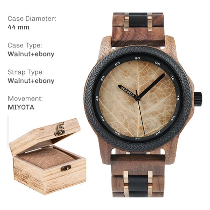 Montre en bois pour homme BOBO BIRD avec feuille véritable, montre en bois originale, montre en bois, montre fabriquée à la main, cadeau d'anniversaire pour homme