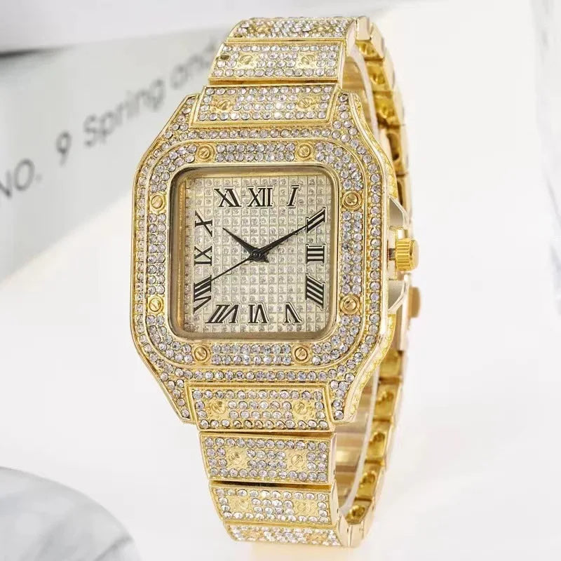 Montres de luxe en diamant pour hommes et femmes, montre en or, montre-bracelet pour dames, montres de luxe en strass, montres-bracelets unisexes, horloge féminine 2024 Nouveau