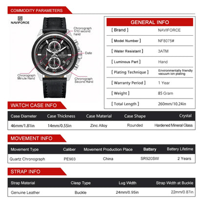 NAVIFORCE Montres Hommes Multifonctions Étanche Montre Quartz Lumineuse de Nuit Montre Bracelet en Cuir Business pour Hommes