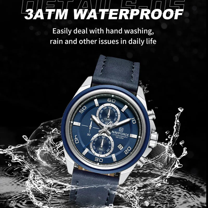 Montres NAVIFORCE pour hommes, bracelet en cuir véritable, chronographe à quartz, affichage de la date, montre-bracelet de sport étanche, cadeau masculin