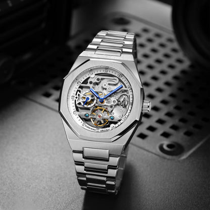 Montre mécanique squelette Forsining Tourbillon pour homme, aiguilles lumineuses, bracelet en acier inoxydable, montres automatiques tendance pour le travail