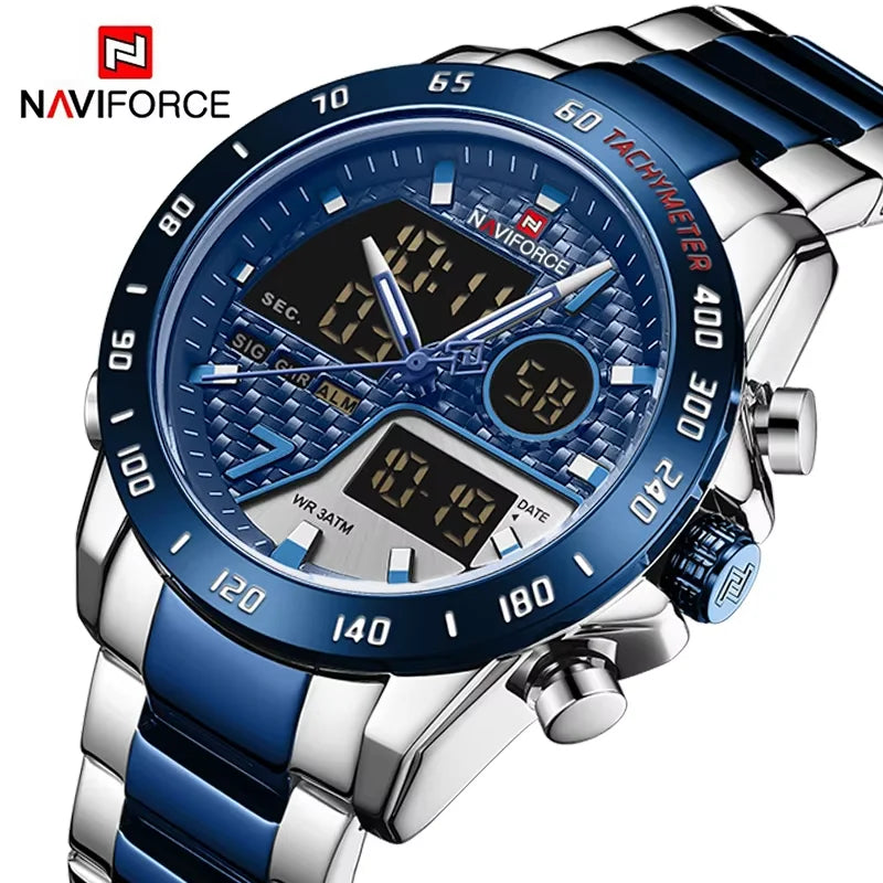 NAVIFORCE Montre-bracelet de luxe pour homme, montres de sport militaires numériques pour homme, bracelet en acier, horloge à quartz, Relogio Masculino