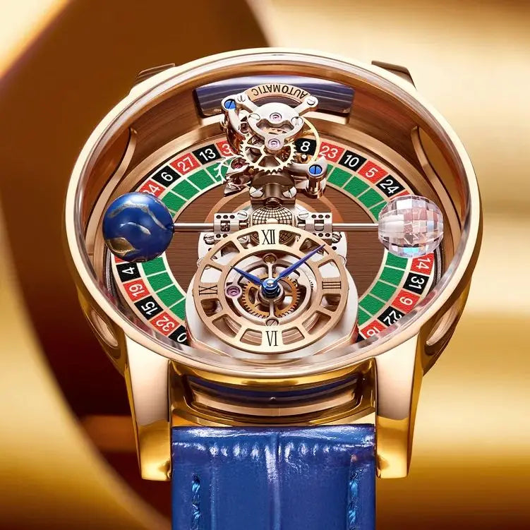 HAEMMER Celestial Roulette watch with transparent hollow dial and leather strap