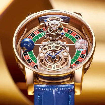 HAEMMER Celestial Roulette watch with transparent hollow dial and leather strap