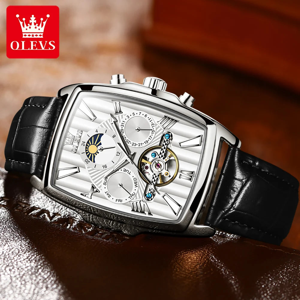OLEVS 6675 Montre automatique originale pour homme, marque de luxe, cadran carré, phase de lune, volant ajouré, montre-bracelet mécanique pour homme